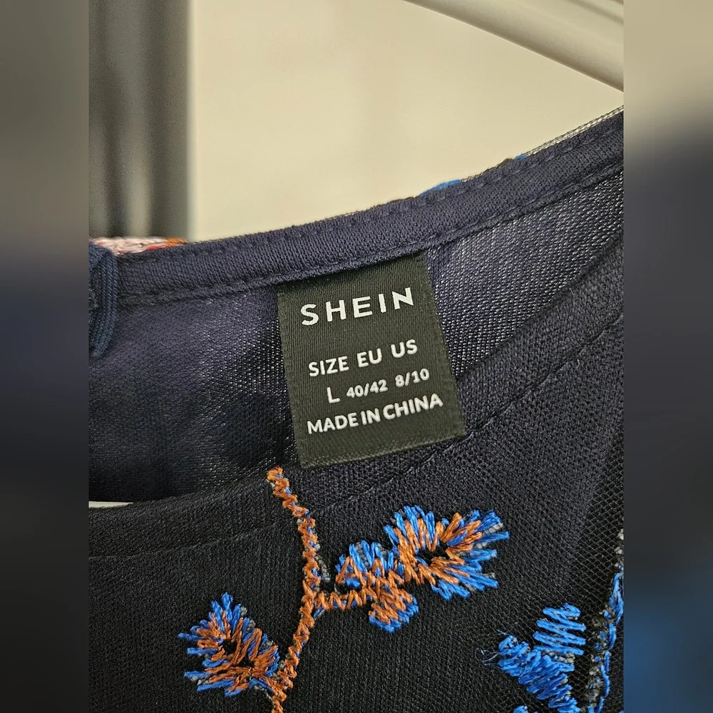 Shein Elegant Navy Blue Floral Embroidered Dress - Picture 2 of 2